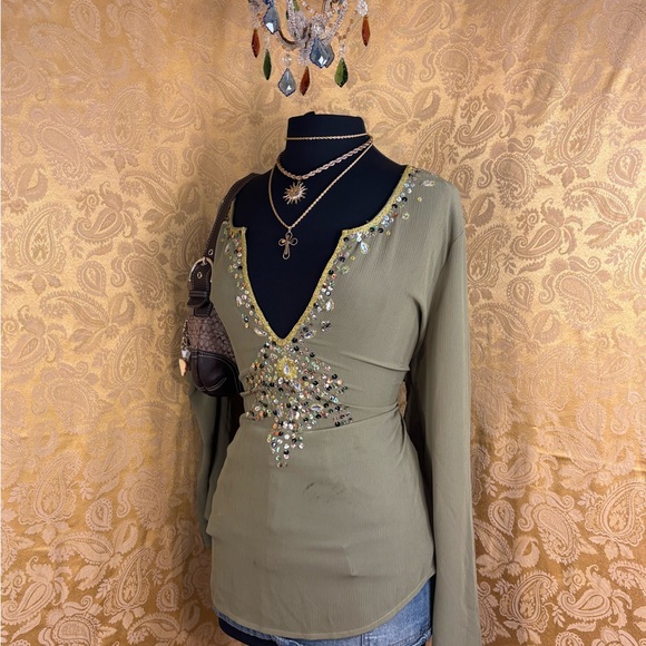 Unique Spectrum Tops - ✨Vintage Y2K Boho Beaded & Sequins Deep V Neck Olive Blouse✨
